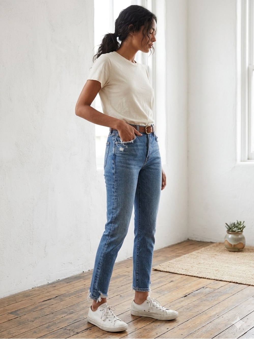 AGOLDE Toni Mid Rise Slim Straight Jeans Womens 23 Stratosphere Blue Distressed